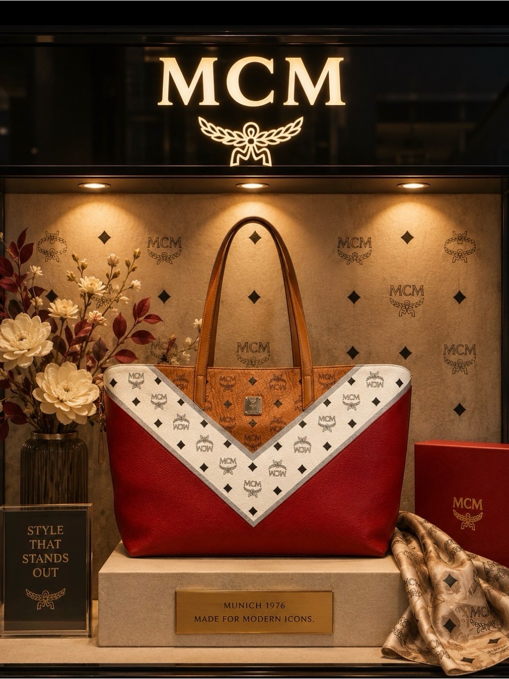 MCM Red, White & Cognac Logo Trim Leather Tote